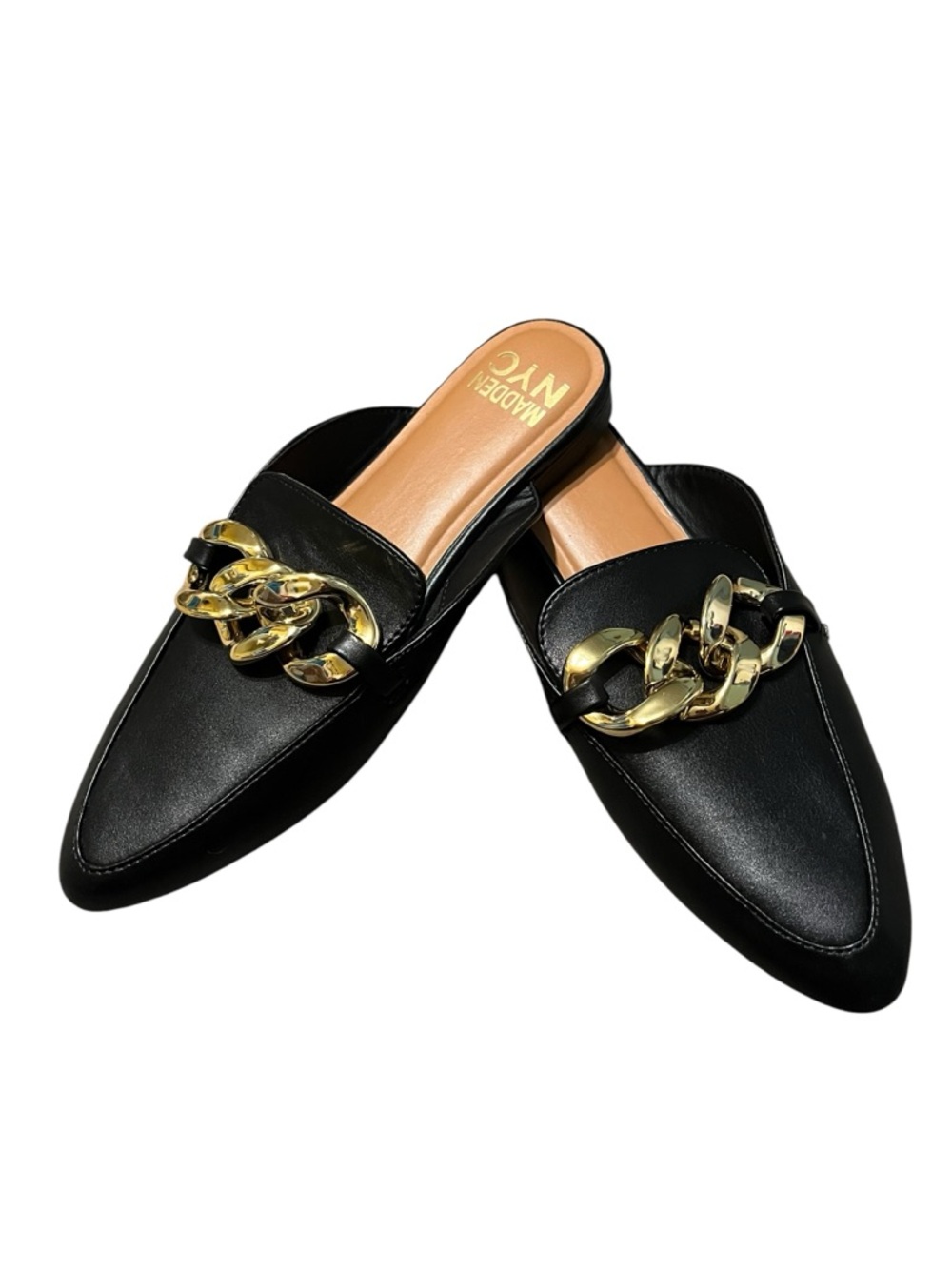 Steve Madden NYC Black Faux Leather Gold Chain Mules